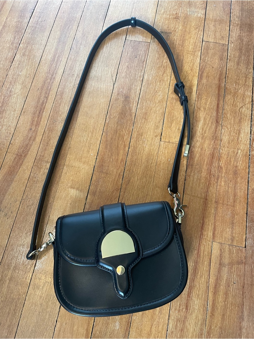 Zara Black Faux Leather Small Crossbody Bag with Gold Accent